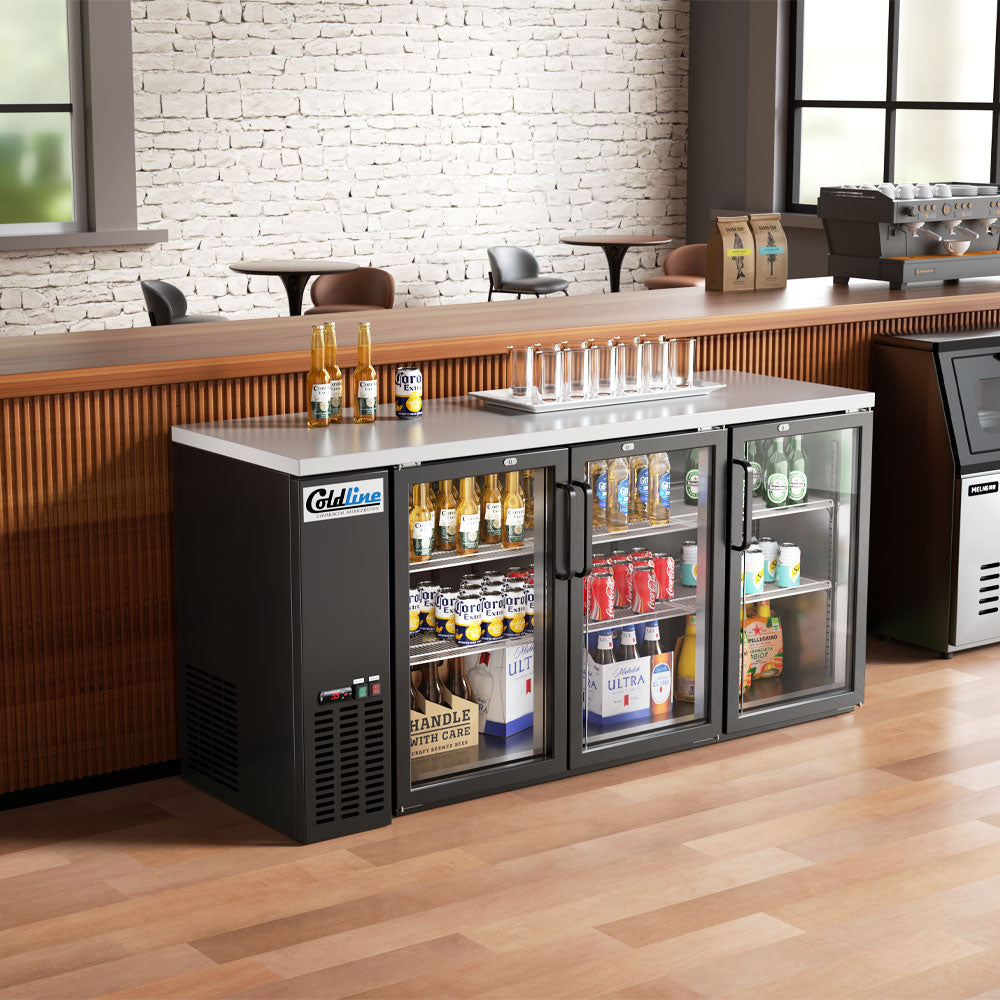 Coldline CBB-72G black swing glass door back bar cooler, under a bar counter (representative image)