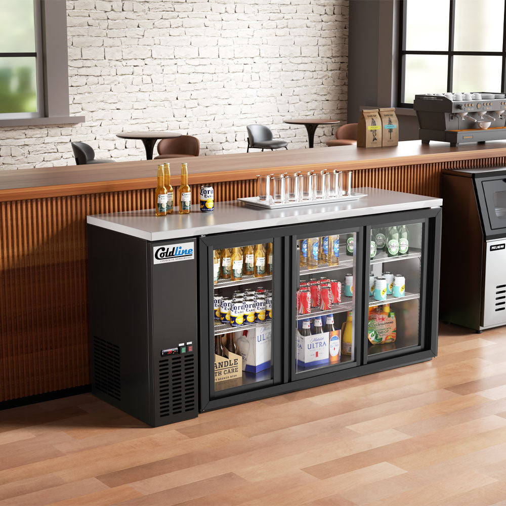 Coldline CBB-72G-SL black sliding glass door back bar cooler, under a bar counter (representative image)