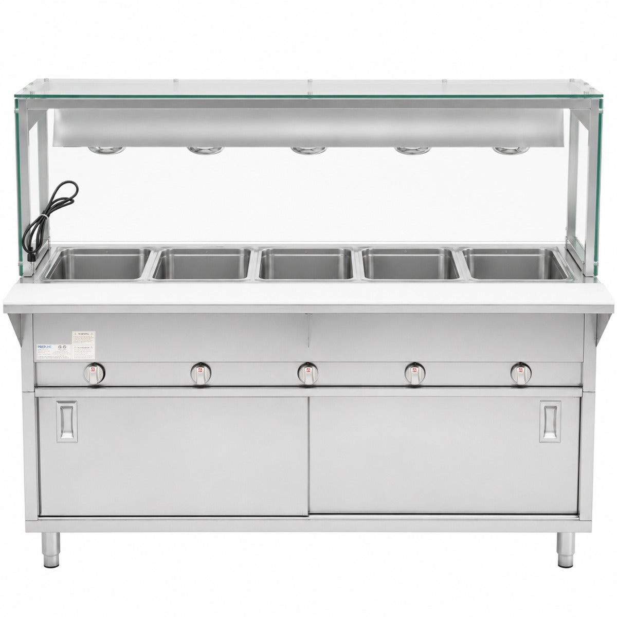 Prepline GSTC74-5S-LT gas steam table with lighted sneeze guard, front view