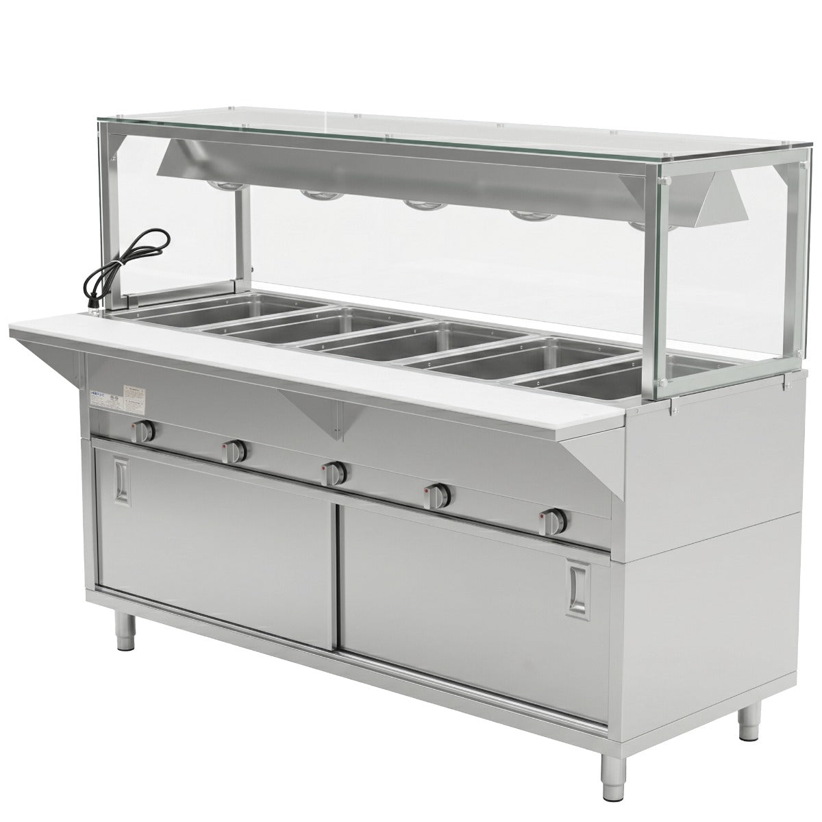 Prepline GSTC74-5S-LT gas steam table with lighted sneeze guard, angled front view
