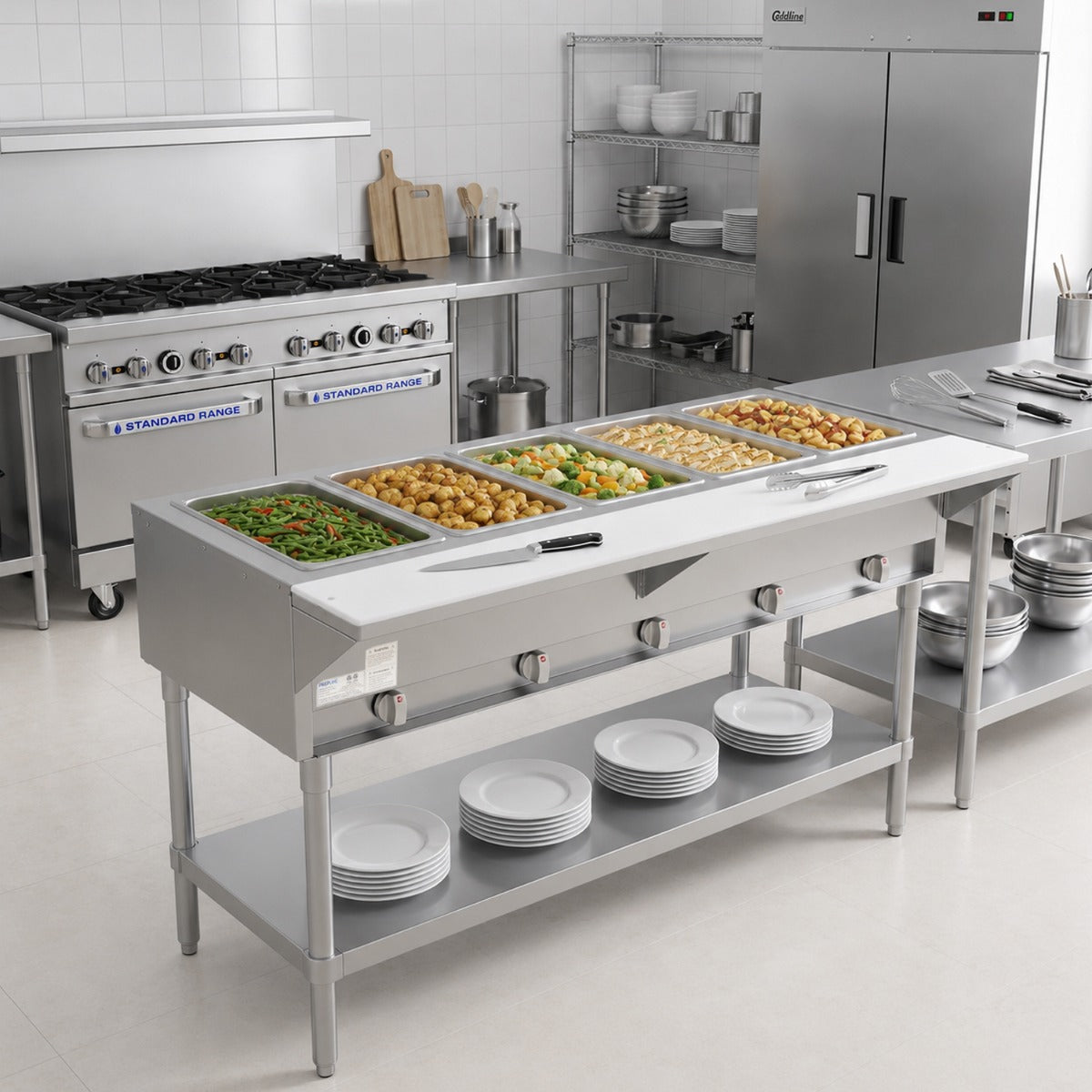 Prepline GST74-5O gas steam table, in a commercial kitchen with food pans