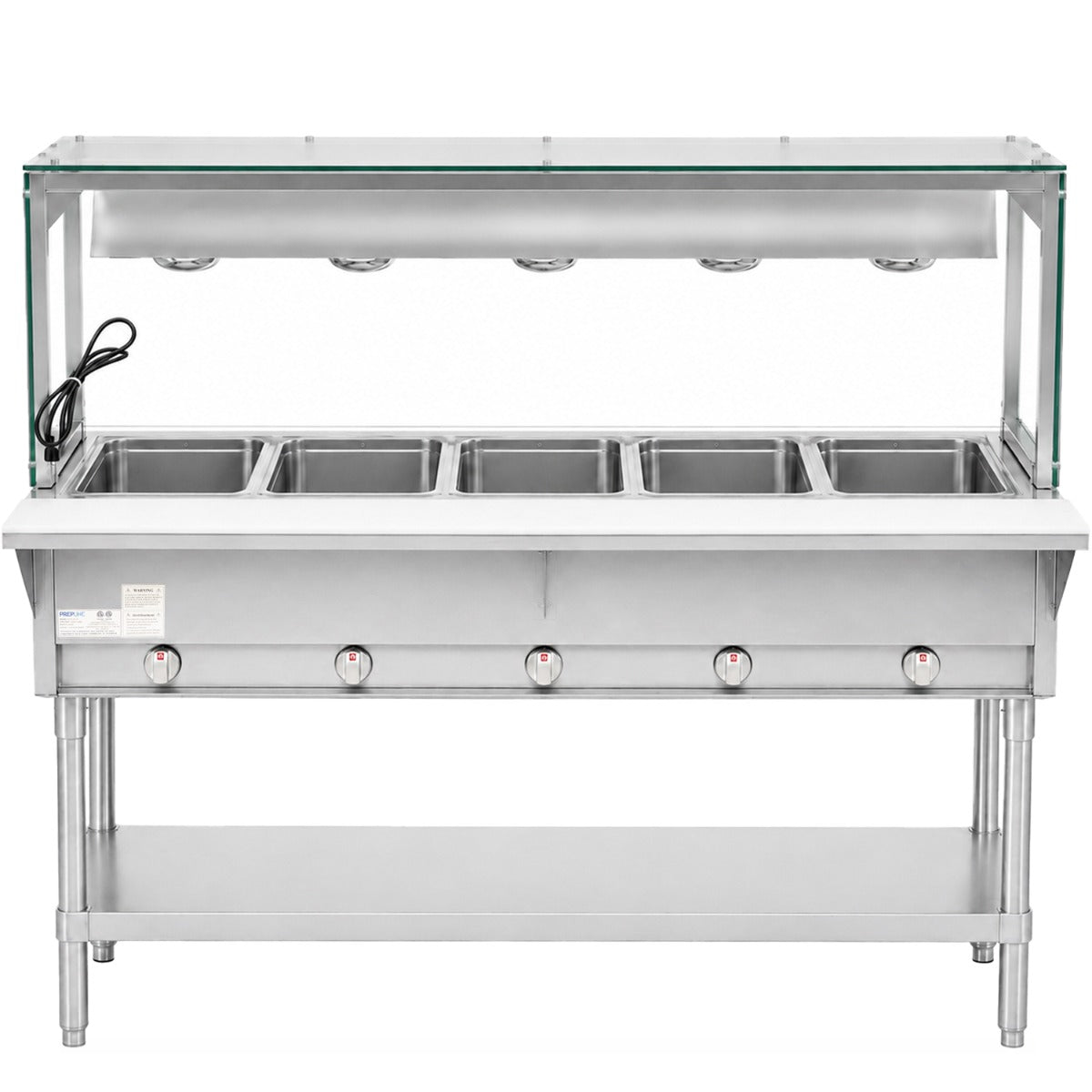 Prepline GST74-5O-LT gas steam table with lighted sneeze guard, front view