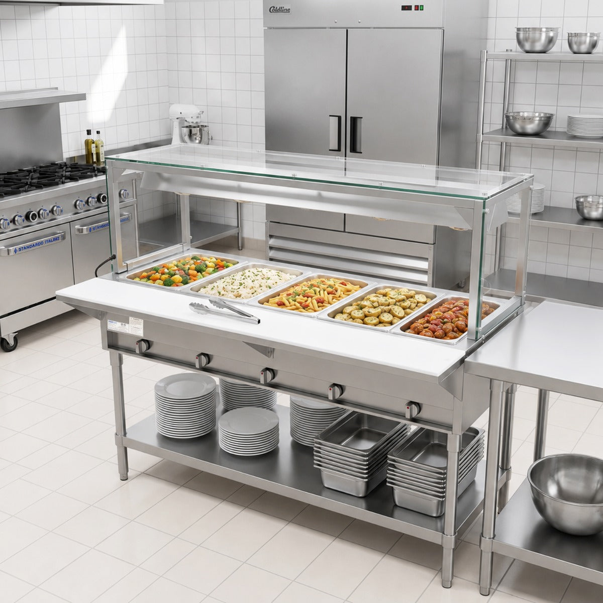 Prepline GST74-5O-LT gas steam table with lighted sneeze guard, in a commercial kitchen with food pans