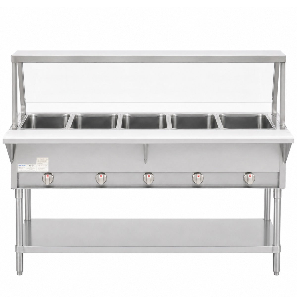 Prepline GST74-5O-SG gas steam table with sneeze guard, front view