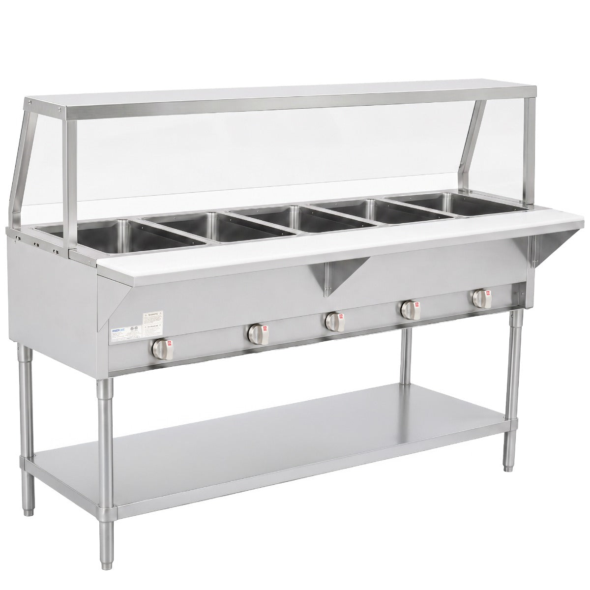 Prepline GST74-5O-SG gas steam table with sneeze guard, angled view