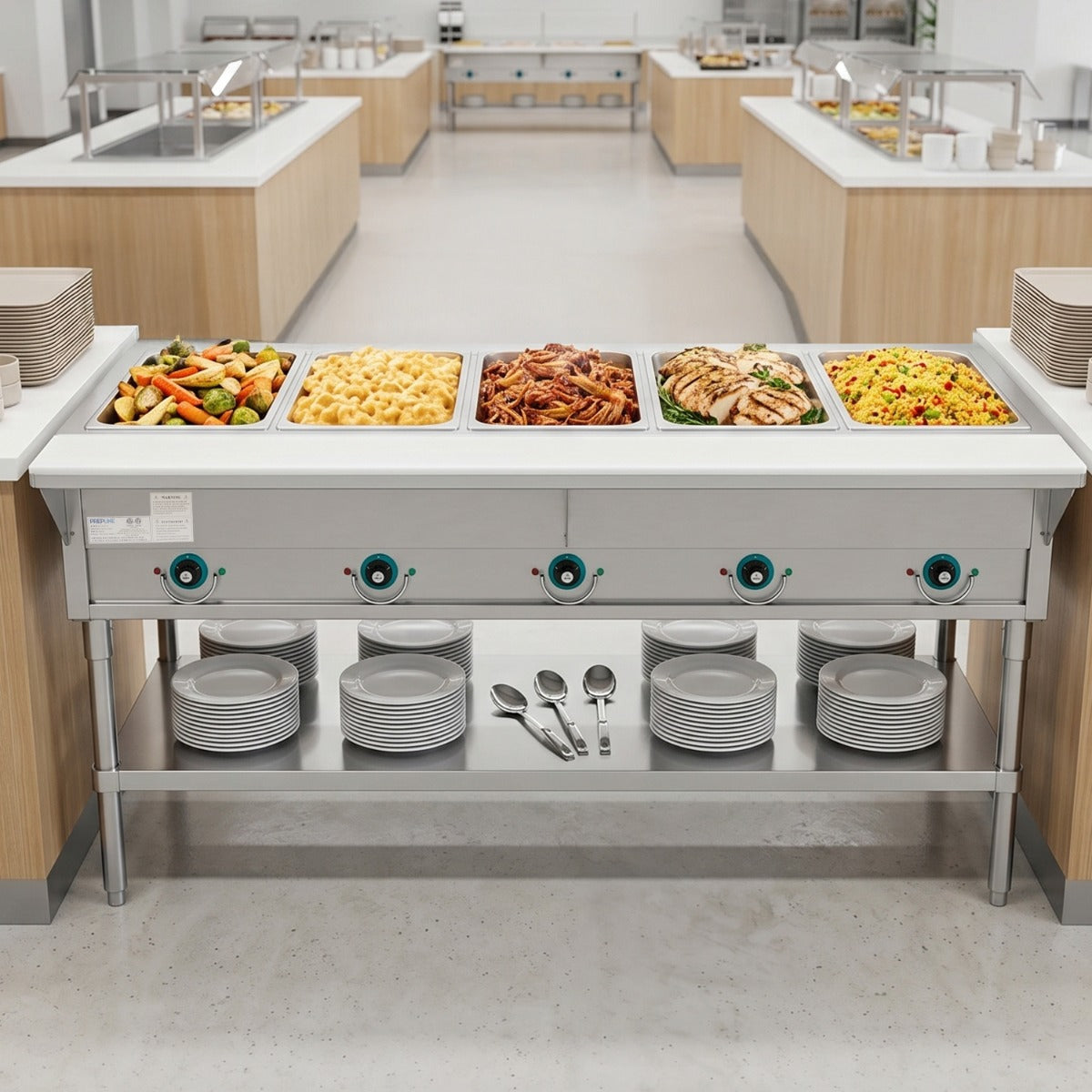 Prepline EST74-5O electric steam table, holding food on a serving line