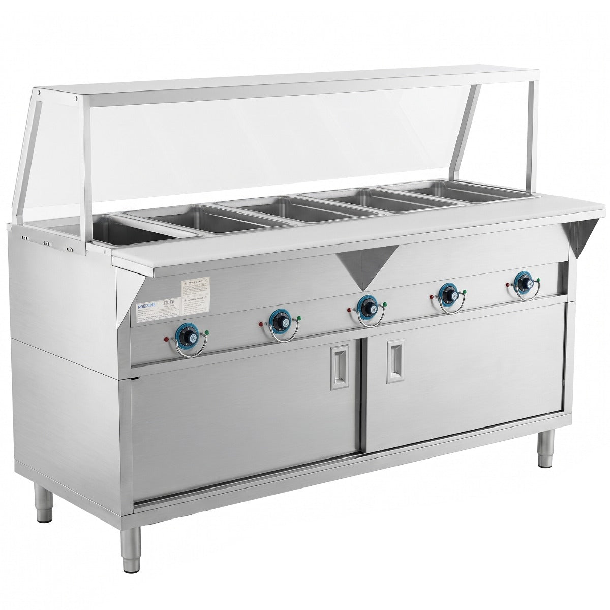 Prepline ESTC74-5S-SG electric steam table with sneeze guard, angled front view