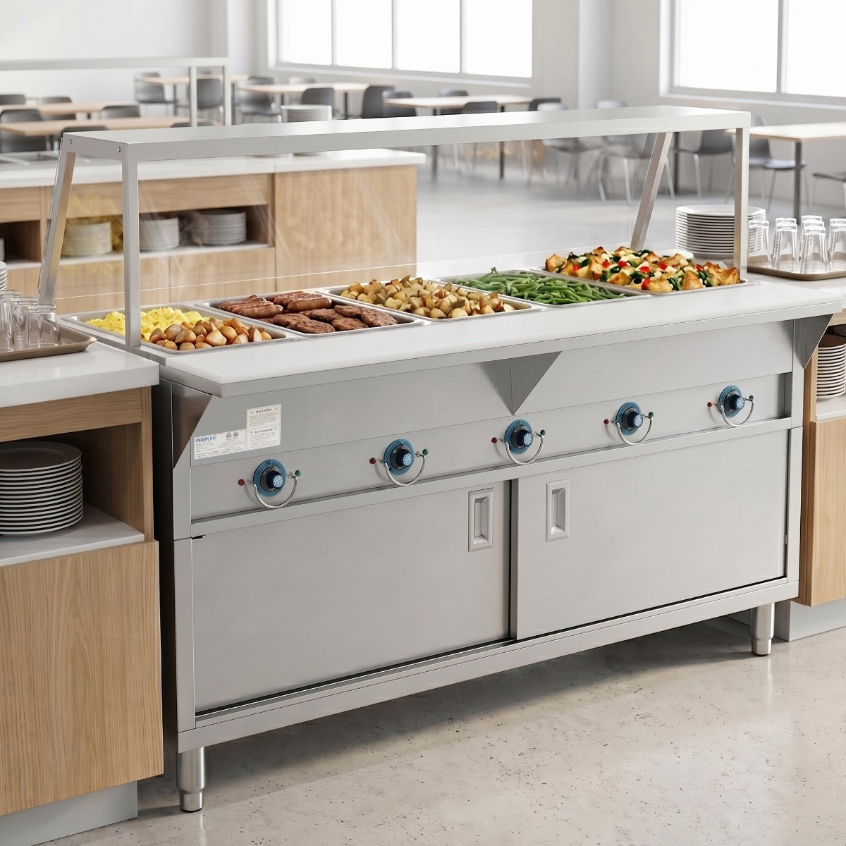 Prepline ESTC74-5O-SG electric steam table with sneeze guard, holding food on a serving line