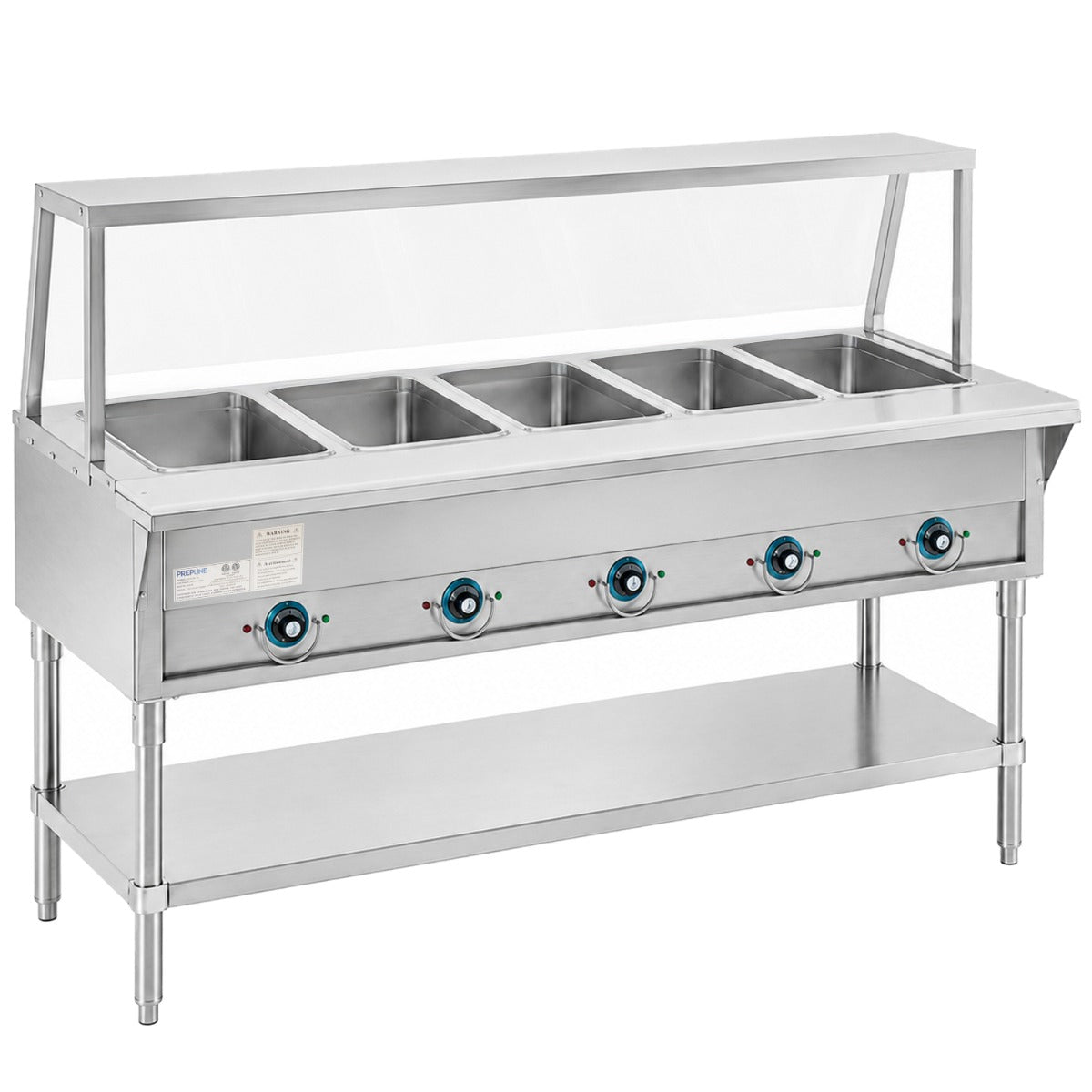 Prepline EST74-5O-SG electric steam table with sneeze guard, angled front view