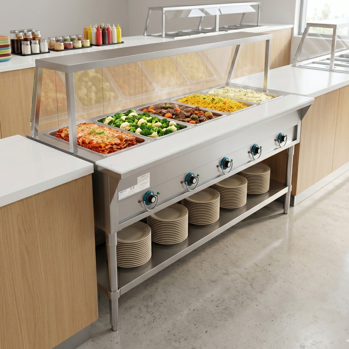 Prepline EST74-5O-SG electric steam table with sneeze guard, holding food on a serving line