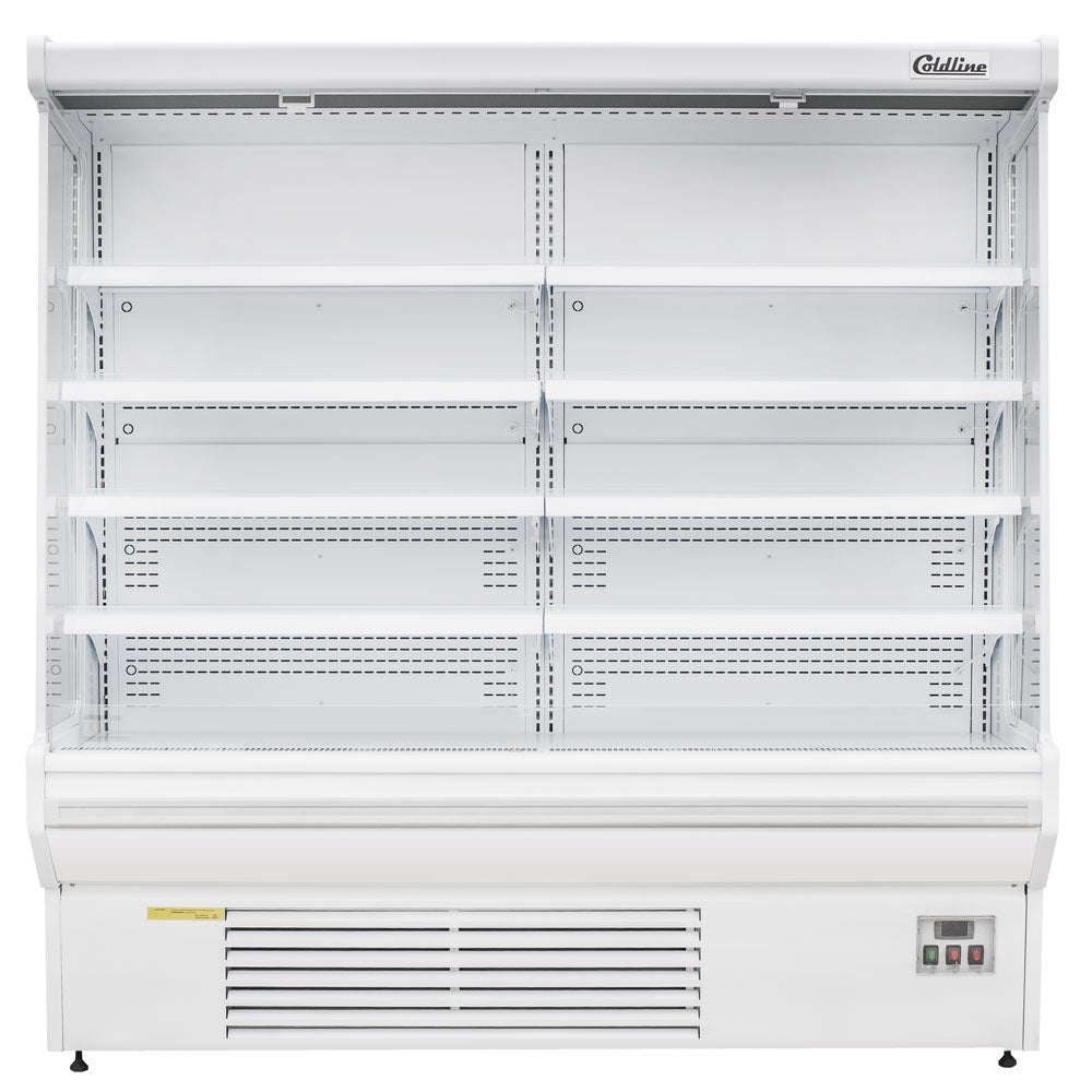 Coldline SOC-76-220-W white open air curtain merchandiser, front view