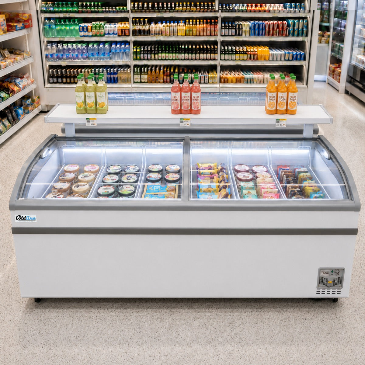 Coldline XS700YX curved glass top ice cream display freezer, in a store, filled with ice cream, with a display shelf on top