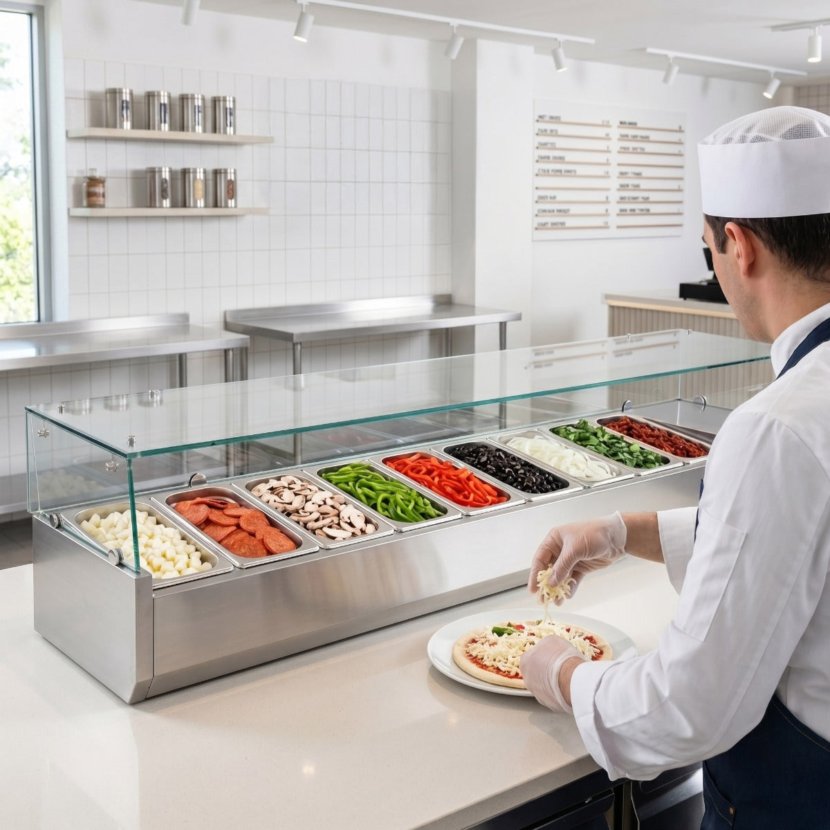 Coldline CTP80SG refrigerated countertop salad bar, in use at a pizza prep counter (representative image)