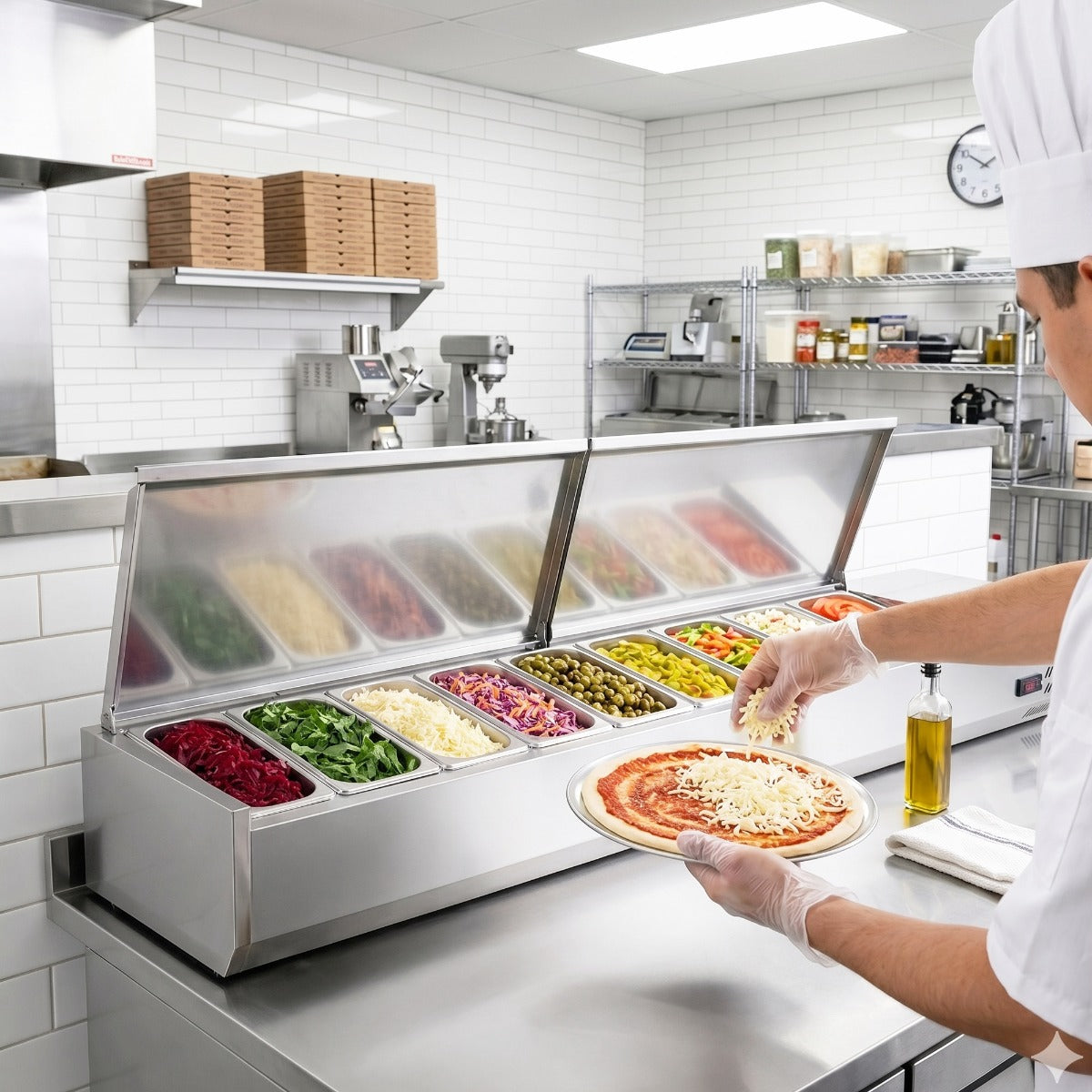 Coldline CTP80SS refrigerated countertop salad bar, in use at a pizza prep counter (representative image)