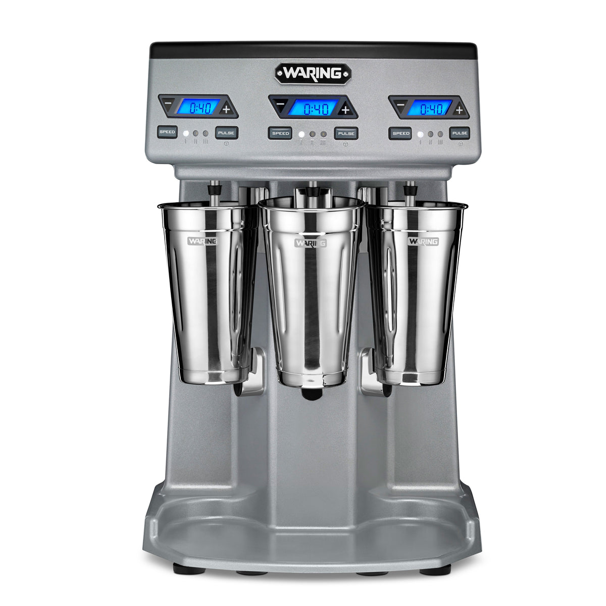 Waring WDM360TX triple-spindle drink mixer with three stainless steel malt cups, gray housing with three LCD timers, front view