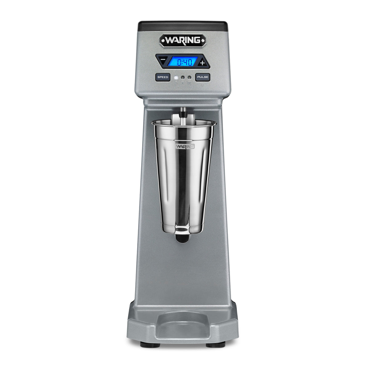 Waring WDM120TX single-spindle drink mixer with stainless steel malt cup in place, gray housing with LCD timer, front view