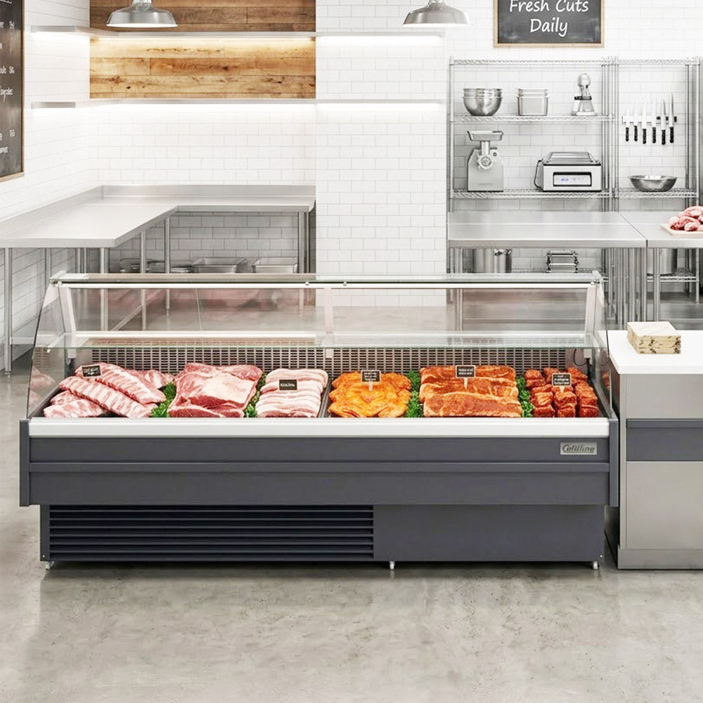 Coldline SDC98 curved glass meat deli case, displaying meat (representative image)