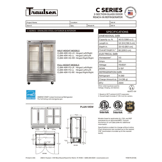 Traulsen C Series Reach-In Refrigerator Specsheet