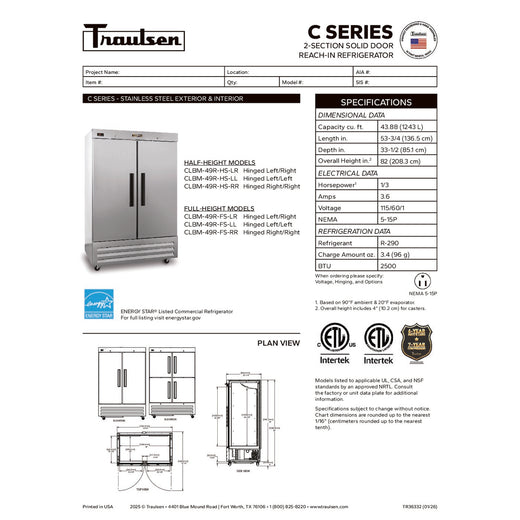 Traulsen C Series Refrigerator Specsheet
