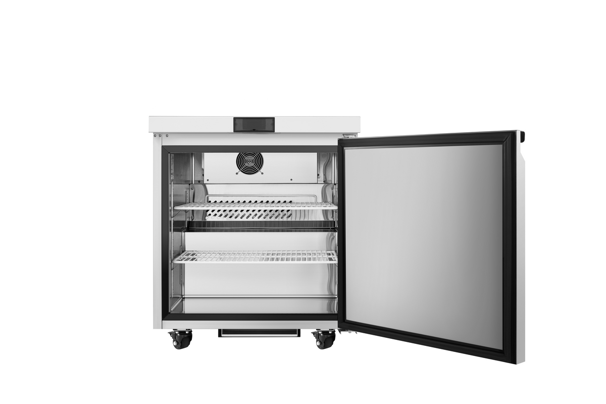Atosa AUR27SD undercounter refrigerator, doors open showing shelves