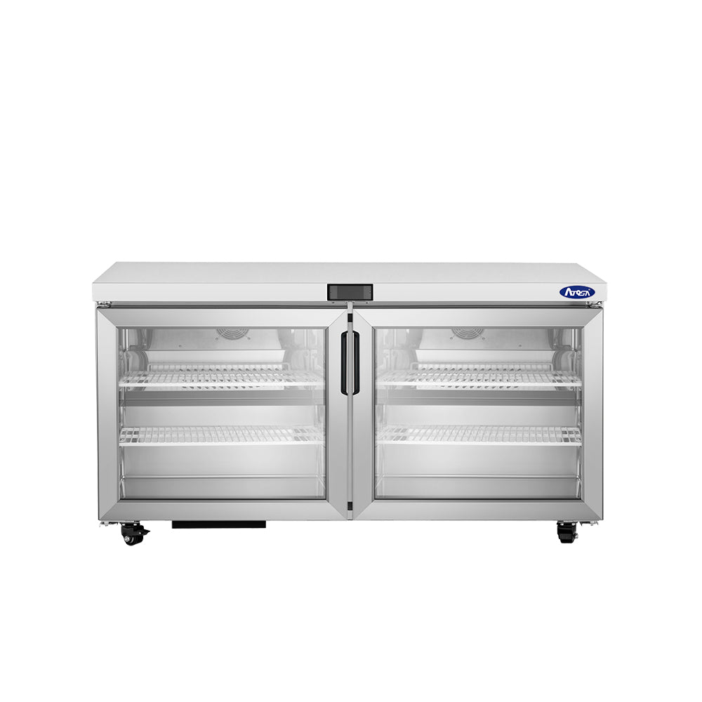Atosa AUR60GD glass door undercounter refrigerator shown; the AUF60SD freezer has solid stainless doors