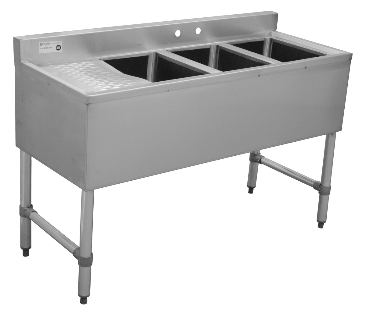Serv-Ware 3-bowl stainless underbar sink, representative photo of the left-drainboard version (BAR3B48-R-CWP-V has the drainboard on the right)