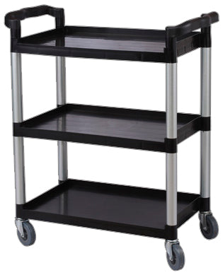 Serv-Ware BC-100B-CWP small black 3-shelf plastic bus cart with casters, front angle view