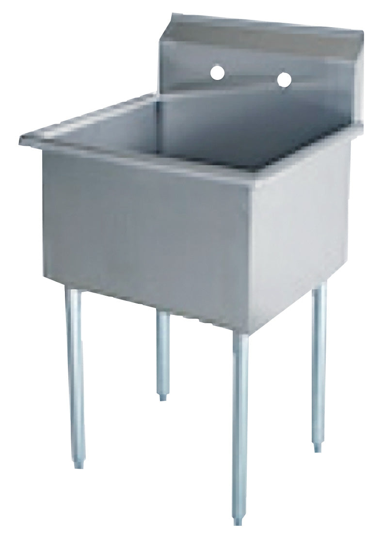 Serv-Ware 1-compartment budget sink in 430 stainless steel with backsplash and galvanized legs, front view