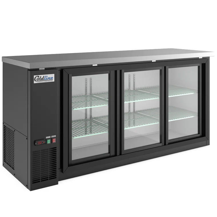 Coldline CBB-72G-SL 72” Refrigerated Narrow Black Sliding Glass Door Back Bar Cooler
