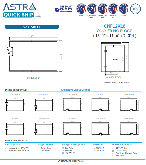Astra 12 x 18 Walk-In Cooler No Floor CNF12X18
