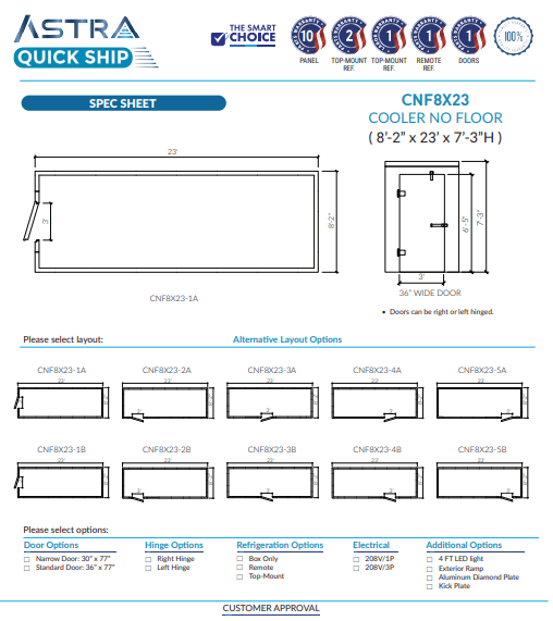 Astra 8 x 23 Walk-In Cooler No Floor CNF8X23