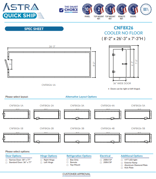 Astra 8 x 26 Walk-In Cooler No Floor CNF8X26