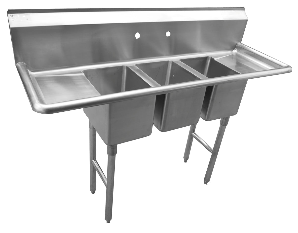 Serv-Ware compact 3-compartment stainless steel sink with two drainboards, backsplash and stainless legs, front view (representative photo for the series)