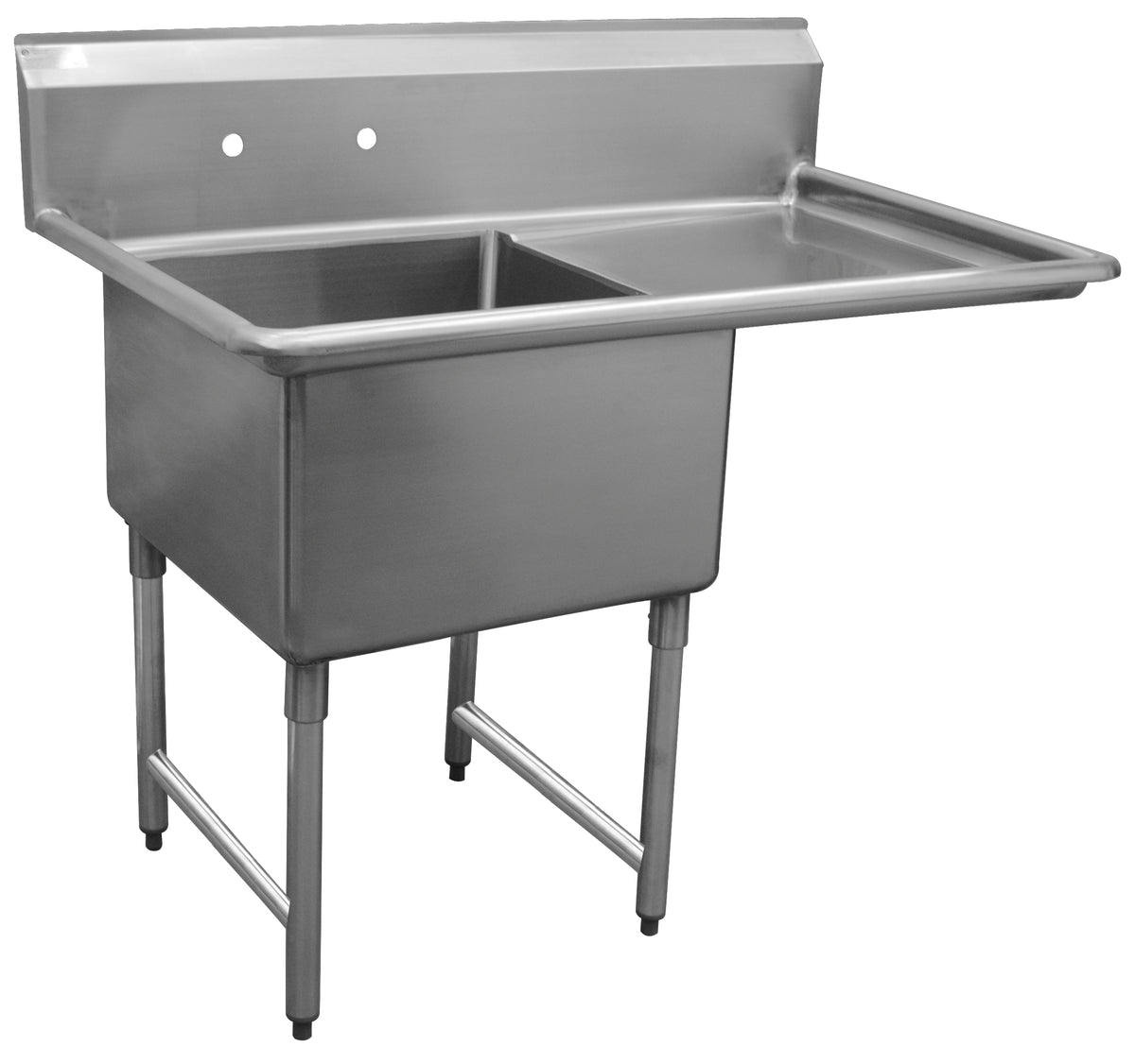 Serv-Ware 12 inch deep economy 1-compartment stainless sink, representative photo of the drainboard version (D1CWP1620-V has no drainboard)