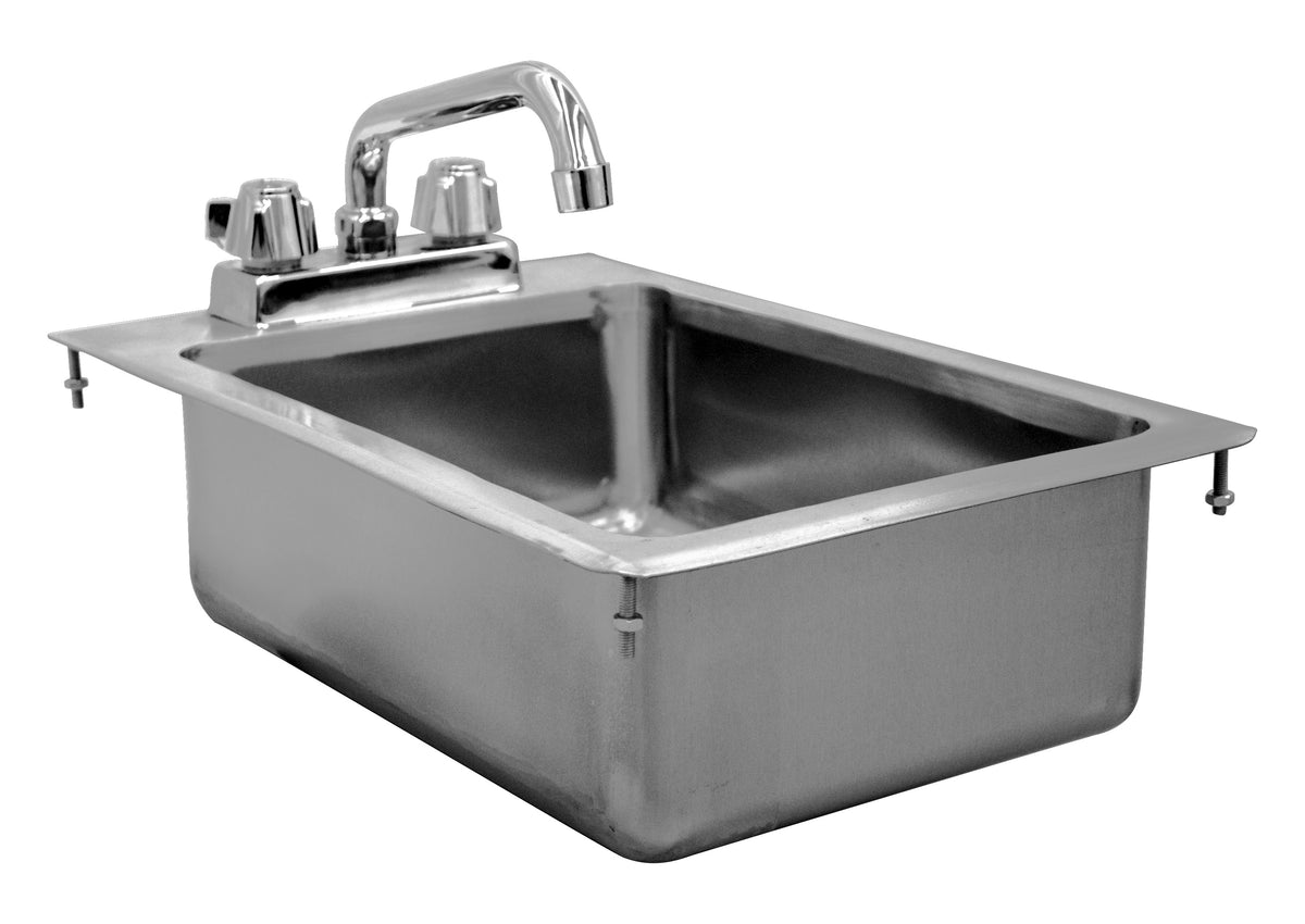 Serv-Ware 1-bowl stainless drop-in sink with deck-mounted faucet, angled view