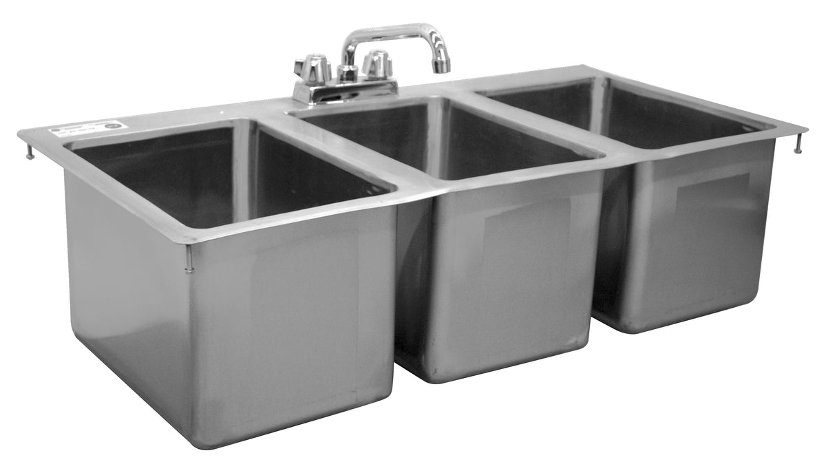 Serv-Ware 3-bowl stainless drop-in sink with deck-mounted faucet, angled view (representative photo)