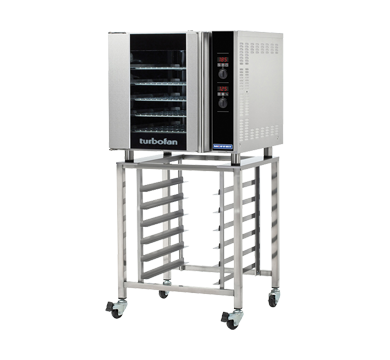 Moffat Turbofan SK32 stainless steel oven stand on casters, shown with an E32D5 full-size convection oven on top (oven not included), front angle view