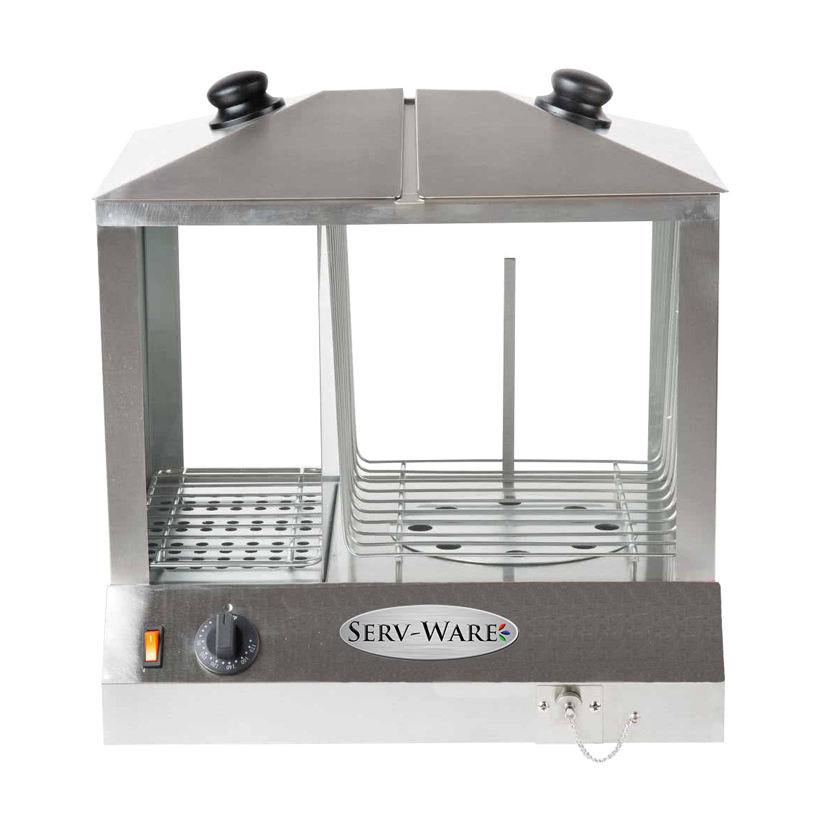 Serv-Ware EHS-01 countertop hot dog steamer with clear sides and two lids, front view