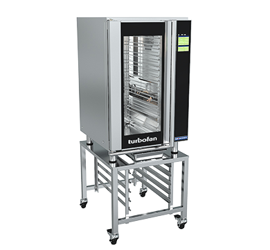 Moffat Turbofan SKEHT10 stand under an EHT10-L holding cabinet (sold separately), left front view showing the pan runners