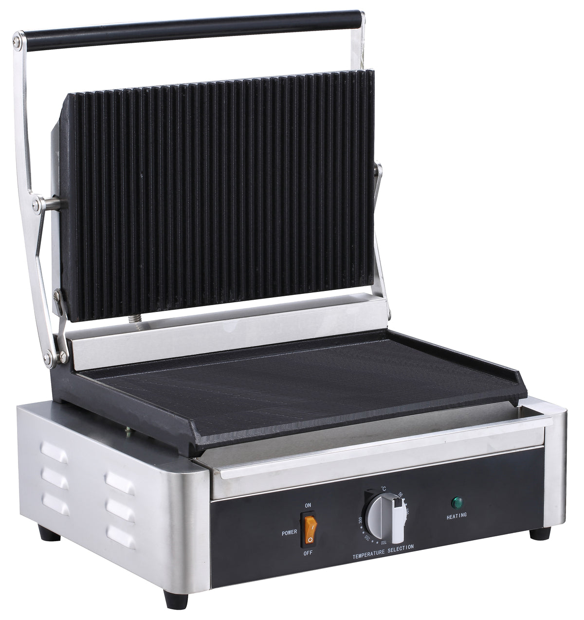 Serv-Ware EPG-100GF single panini grill with cast iron grooved top, flat bottom plates, lid open, front angle view