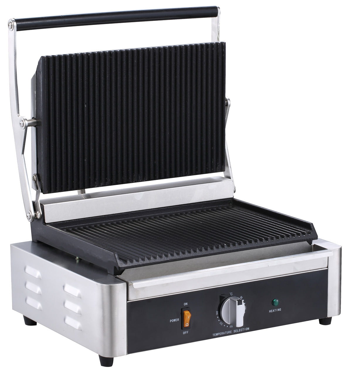 Serv-Ware EPG-100GG single panini grill with cast iron grooved top and bottom plates, lid open, front angle view