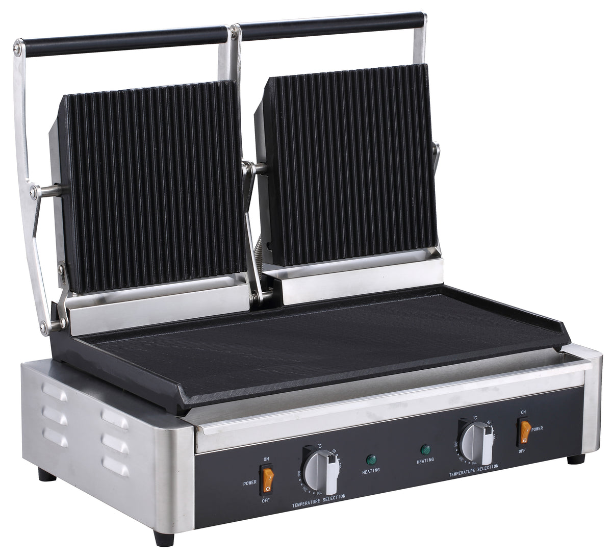Serv-Ware EPG-200GF double panini grill with cast iron grooved top, flat bottom plates, lid open, front angle view