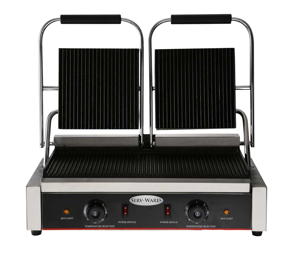Serv-Ware EPG-200GG double panini grill with cast iron grooved top and bottom plates, lid open, front angle view