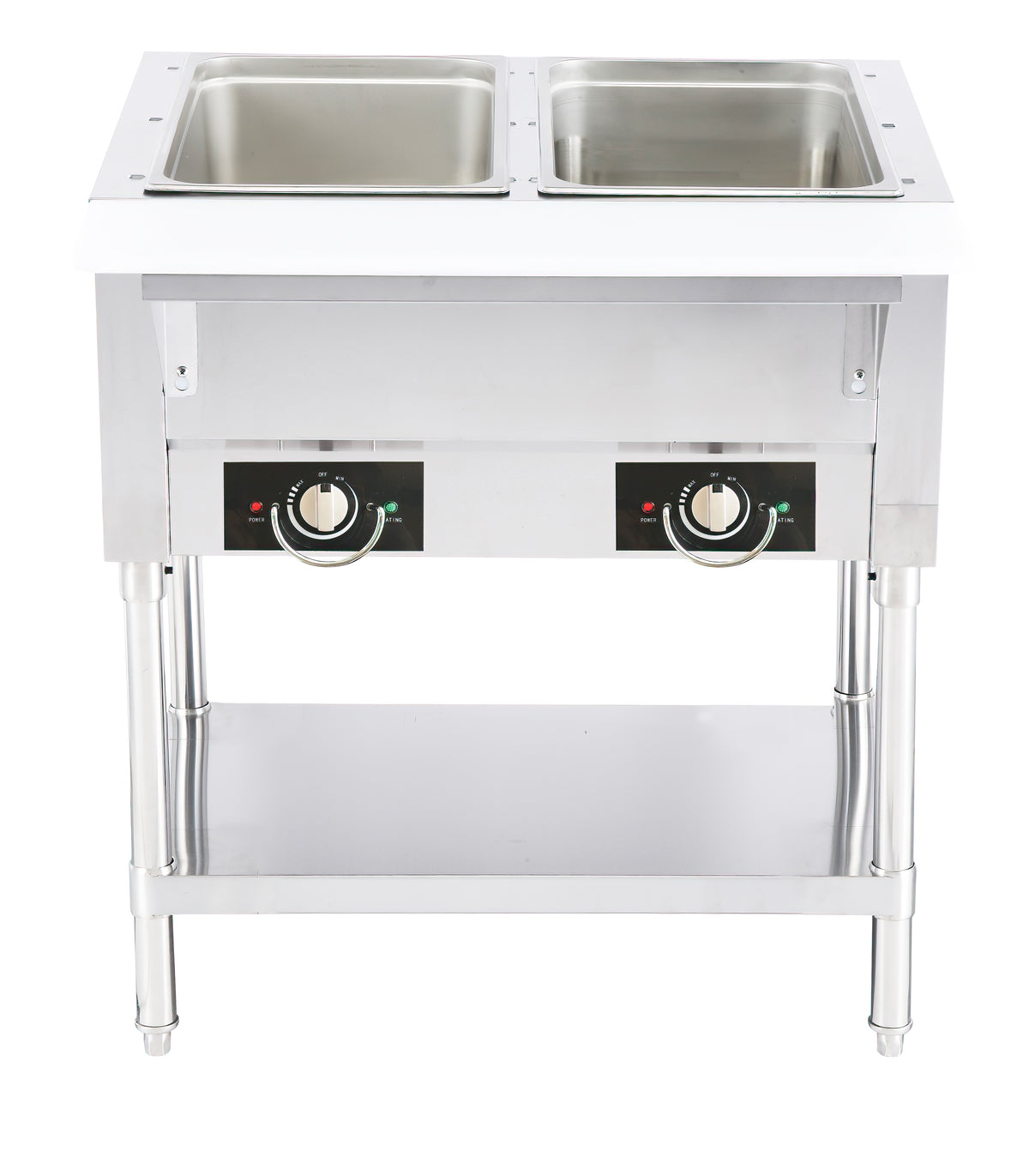 Serv-Ware EST2-1 2-well electric hot food table, front view, shown with pans (pans not included)