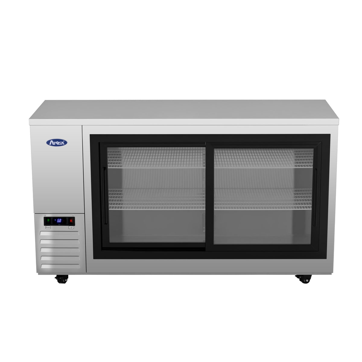 Atosa SBB69SGGRAUS1 69" stainless steel shallow back bar cooler with sliding glass doors, straight front view