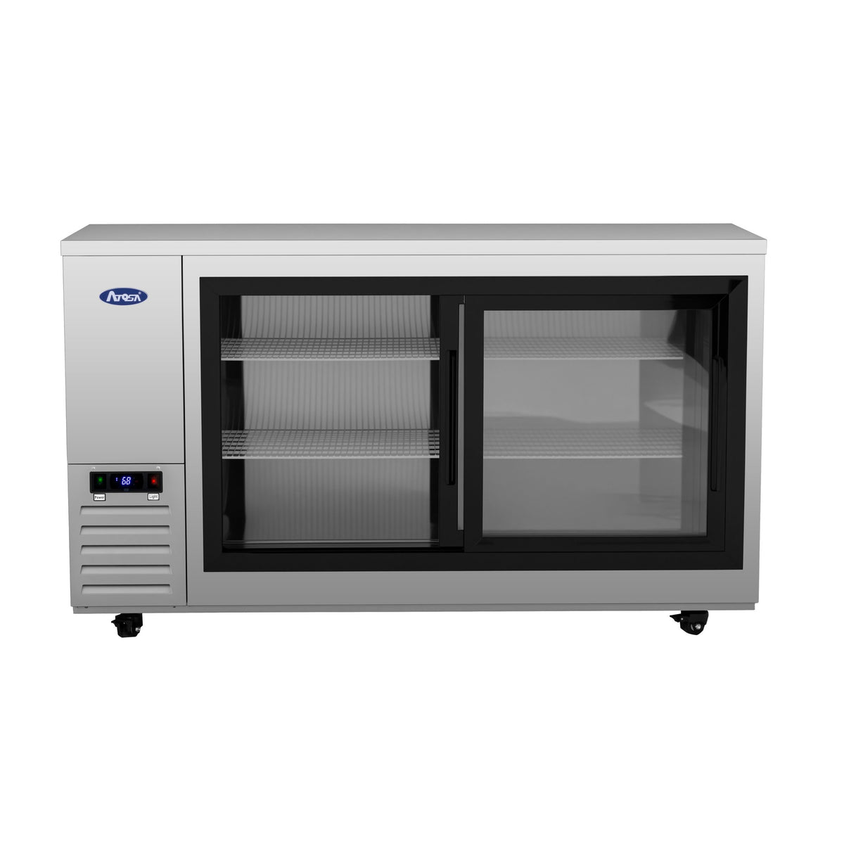 Atosa SBB69SGGRAUS1 69" stainless steel shallow back bar cooler with sliding glass doors, elevated front view showing the top