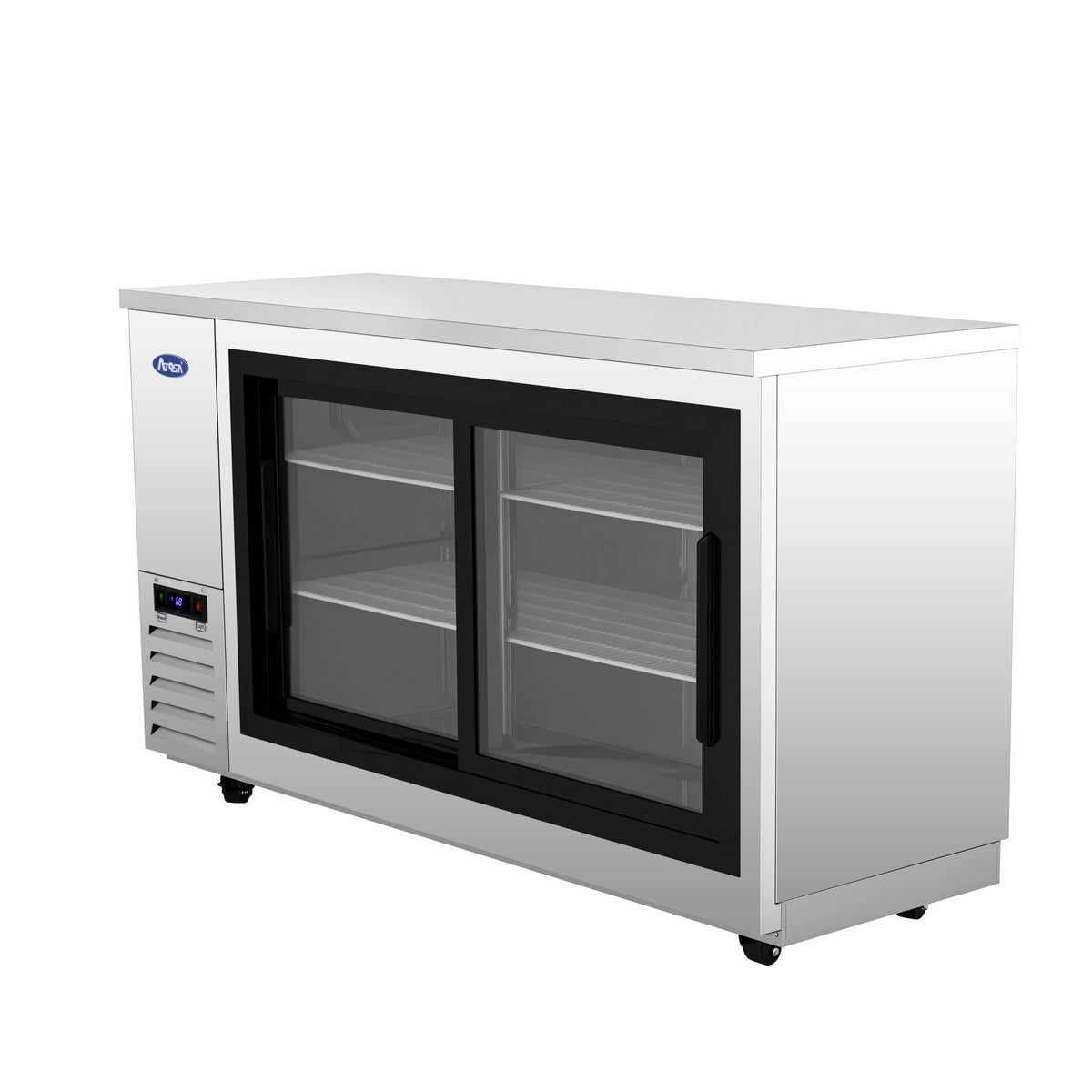 Atosa SBB69SGGRAUS1 69" stainless steel shallow back bar cooler with sliding glass doors, angled right side view
