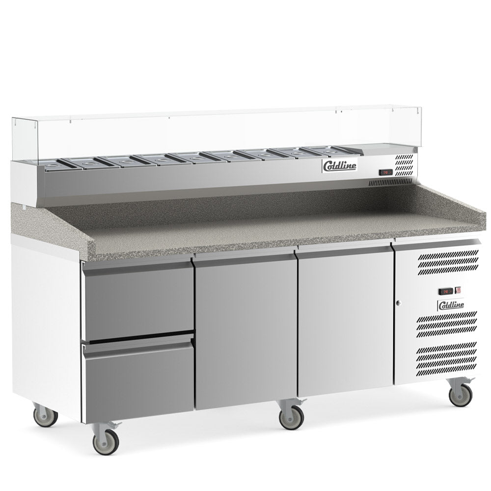 Coldline PDR-80N-2D-SG 80" Refrigerated Pizza Prep Dough Retarder with Marble Top, Two Drawers and Refrigerated Glass Topping Rail