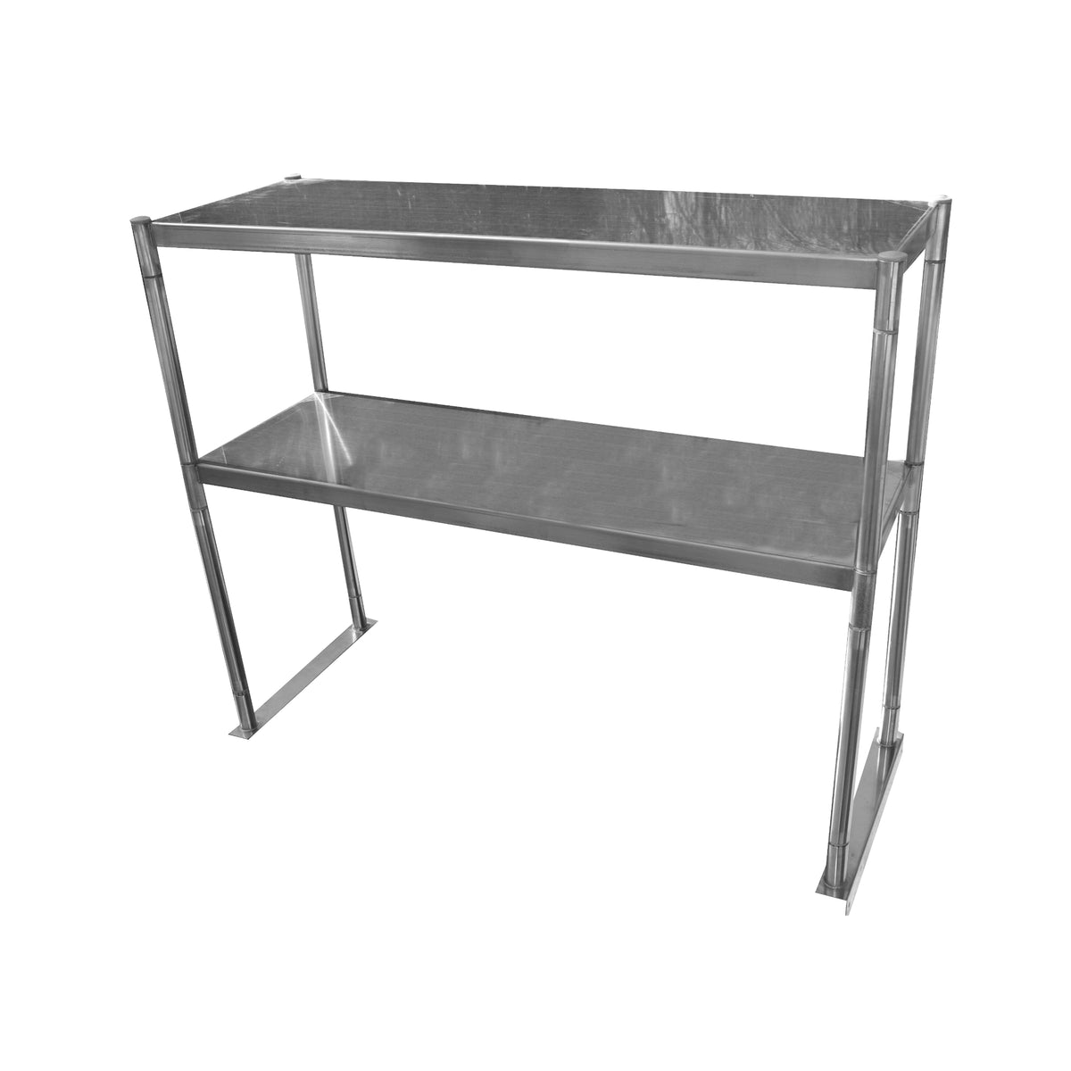 Serv-Ware stainless steel double overshelf for work tables with two shelves and base brackets, angle view (representative photo)