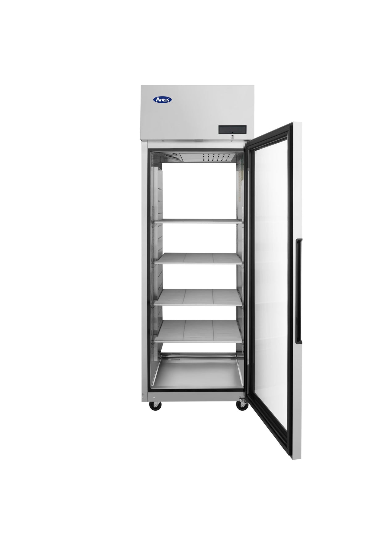 Atosa PLUS-R1-GS-R-PT pass-thru refrigerator, front glass door open showing 4 shelves